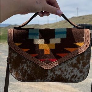 Southwestern Pattern Brown Cowhide Handbag